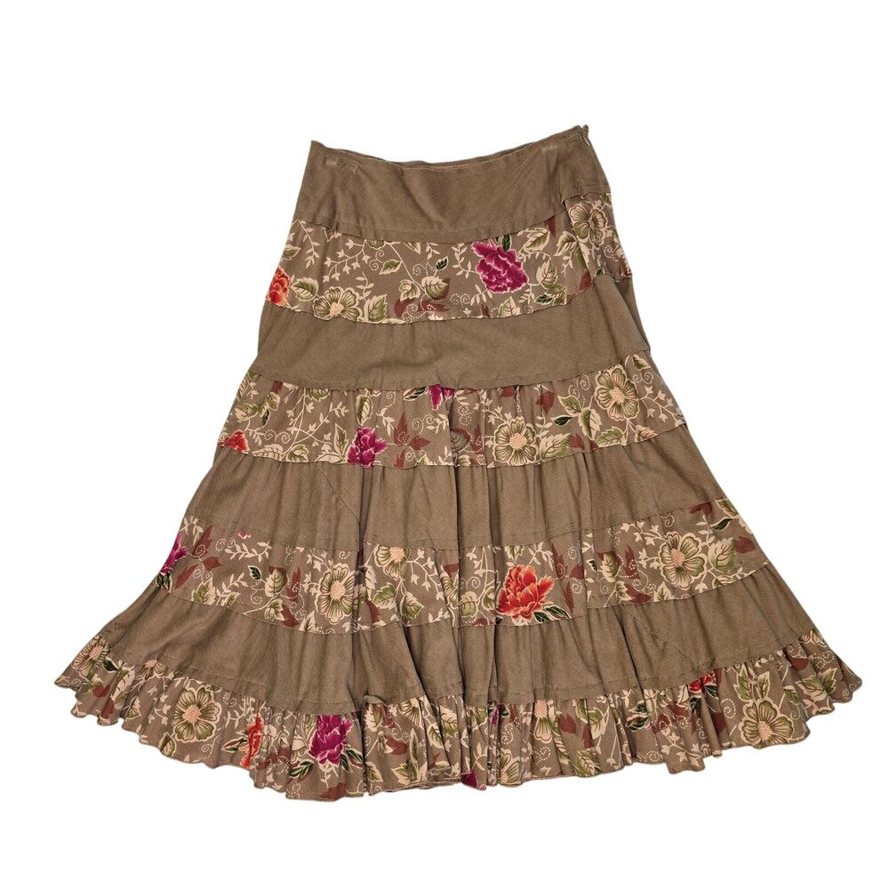 Mix Nouveau Skirt Womens 10 Brown Floral Boho Tiered Ruffle Cotton A Line